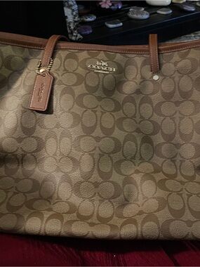 Coach Brown Signature Canvas Tote with Leather Trim